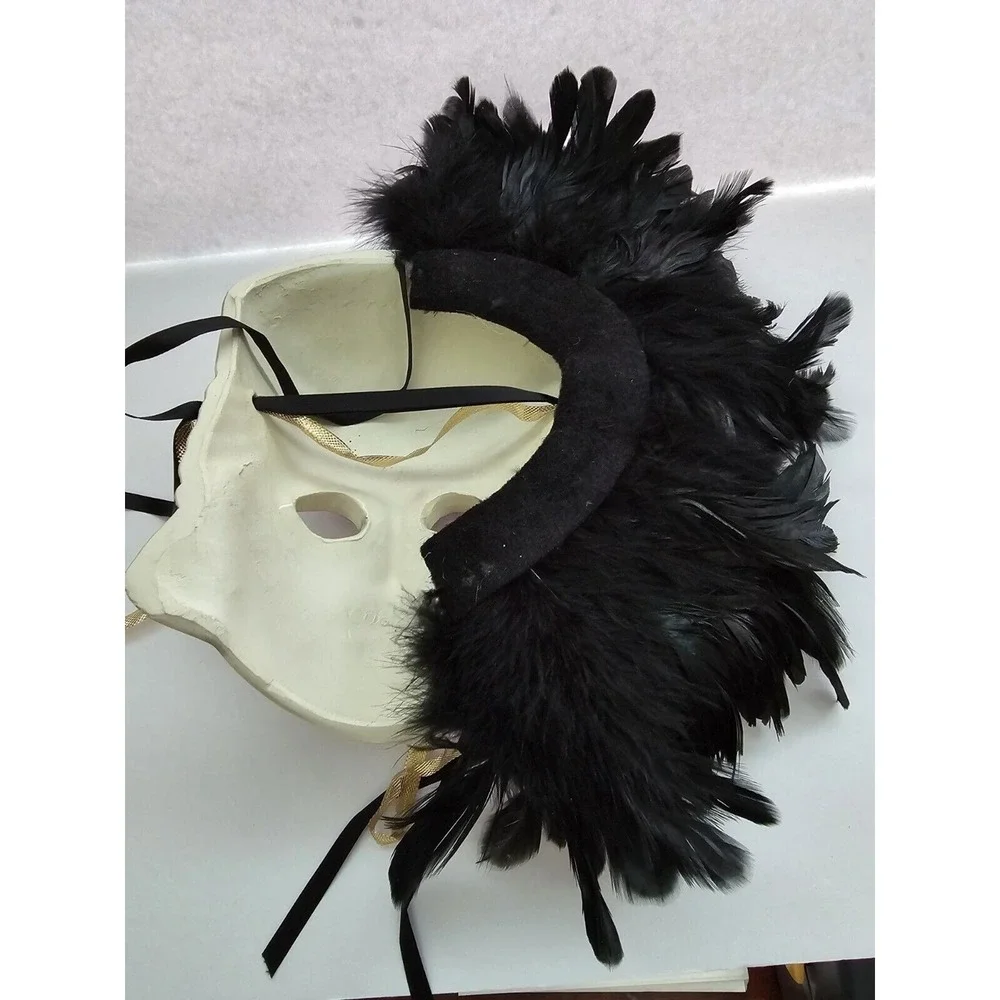 Vintage Venetian Ceramic Masquerade Mask Black Feathers Gold Stars Hand Painted